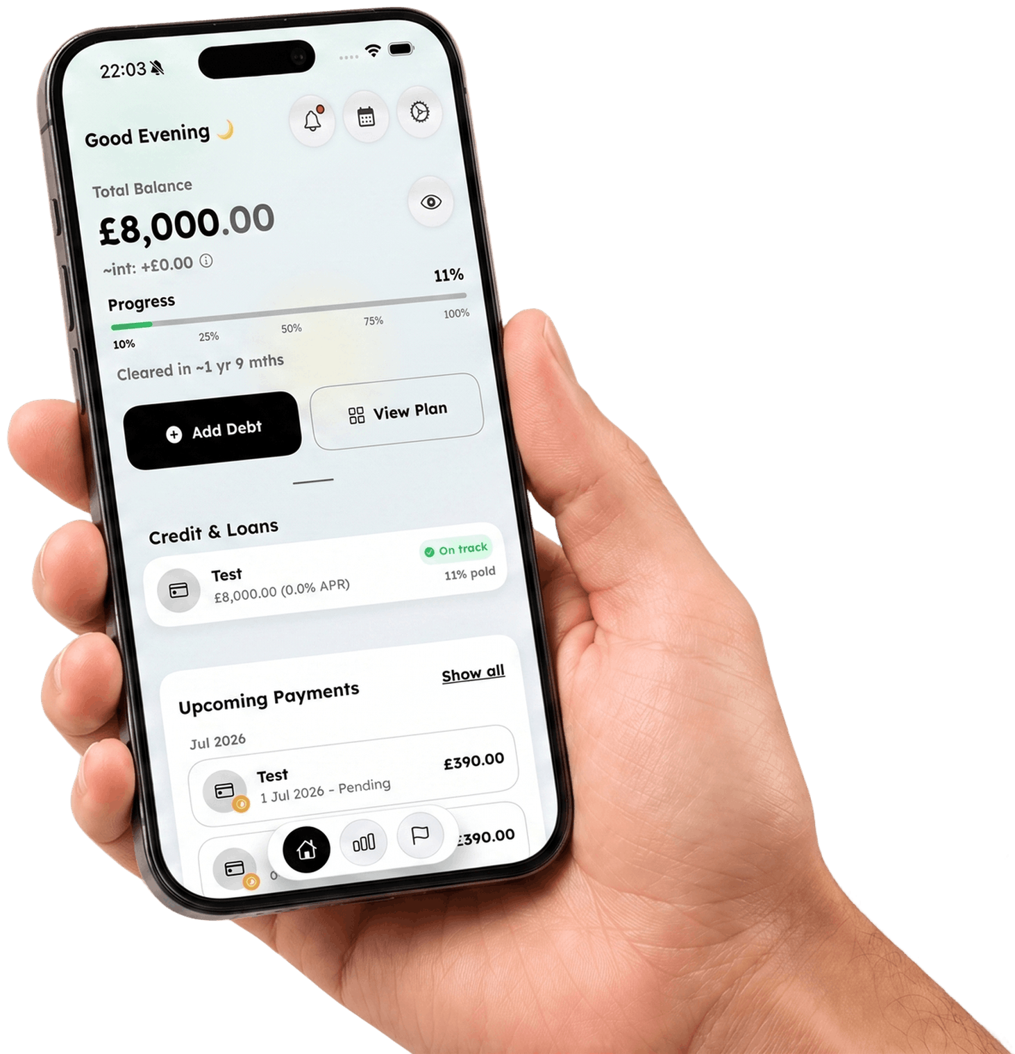 Hand holding iPhone showing ClearDebt debt payoff planner app