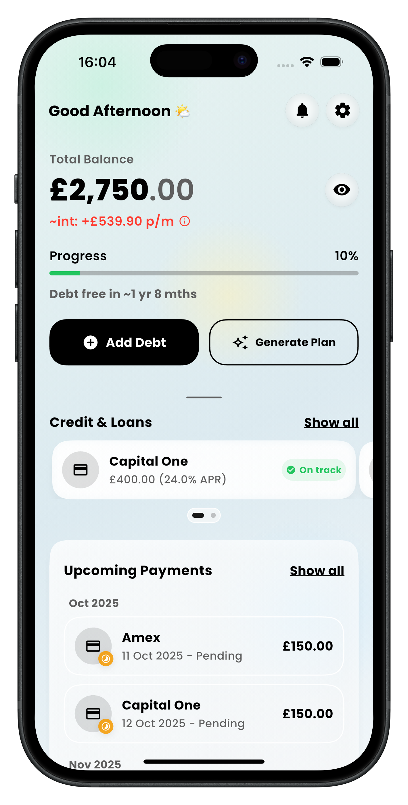 ClearDebt iOS app home screen