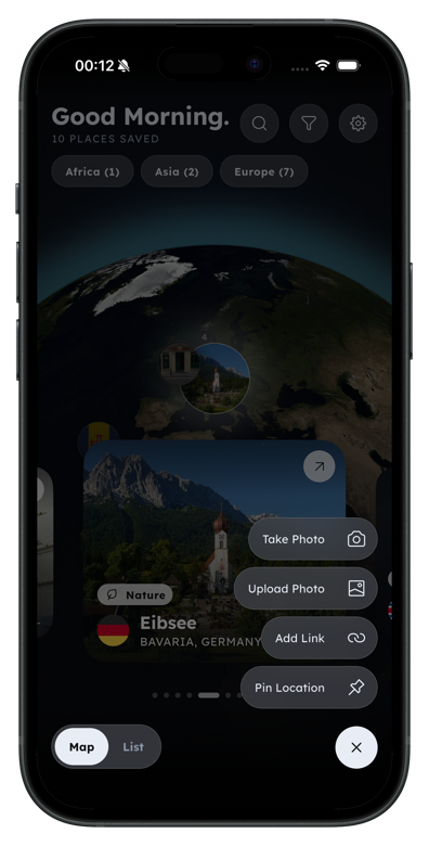 To.Go map view with 3D globe and saved places