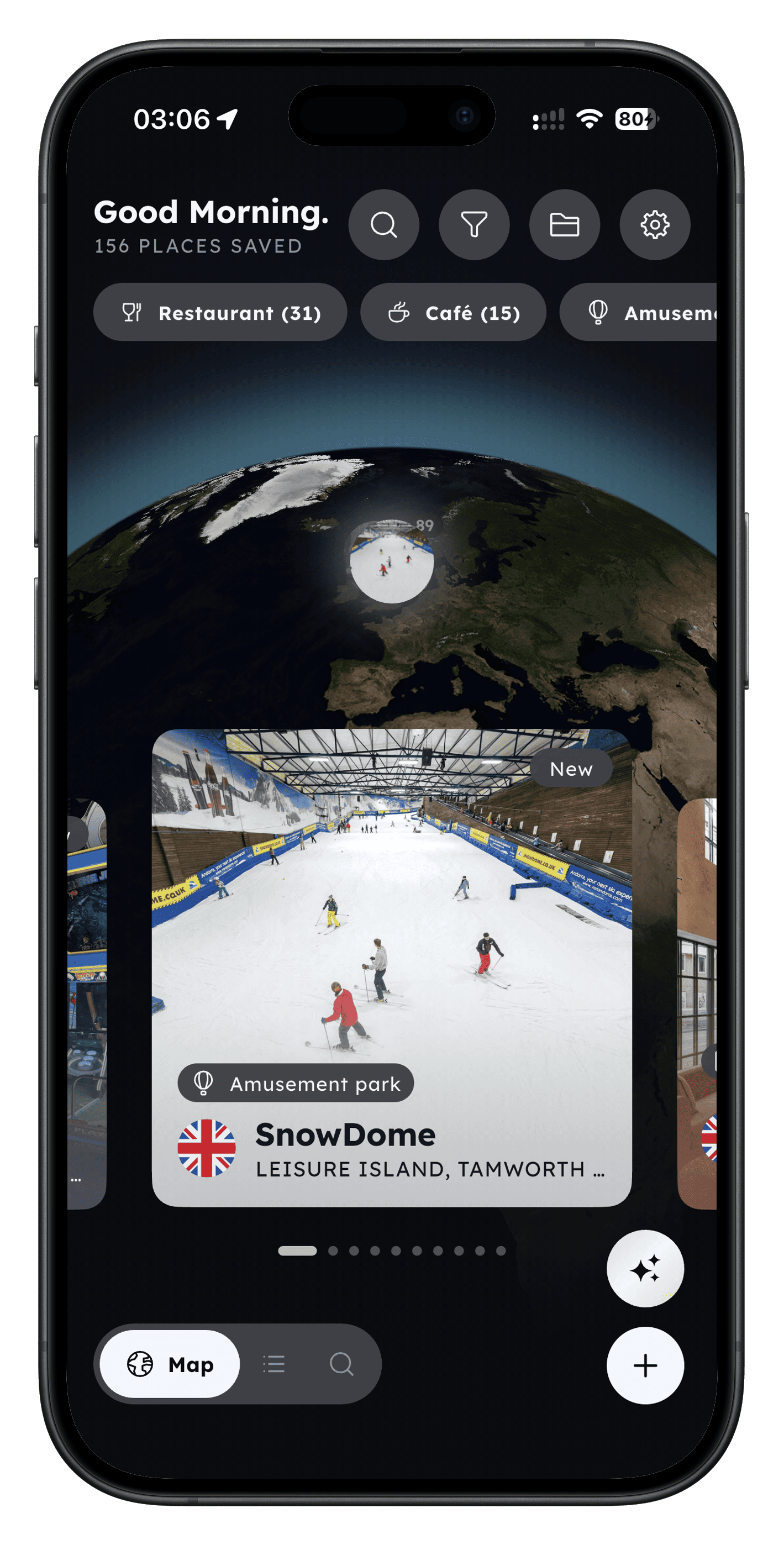 To.Go map view with 3D globe and saved places
